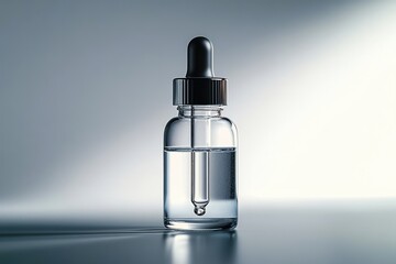Clear glass dropper bottle filled with transparent liquid casting a shadow on smooth surface with soft gradient background conveying purity and simplicity