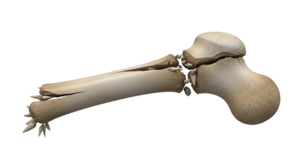 Fractured Femur Bone Isolated on Transparent Background Demonstrating Significant Break in Bone Structure and Damage to Femoral Head in a Detailed 3D Render