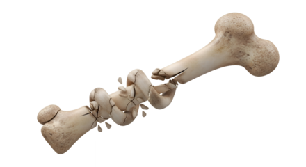 Fractured Femur Bone Isolated with Transparent Background in Detailed Macro 3D Rendering Featuring Bone Structure and Broken Edges with Detailed Texture in Neutral Tones