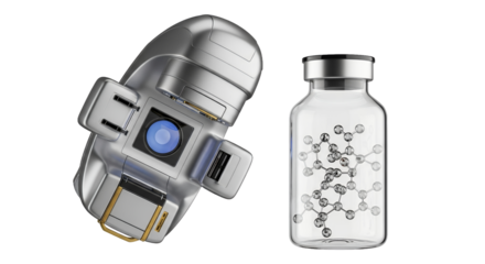 Futuristic Metal Device Next To Clear Vial Displaying Molecule Chain On Transparent Backdrop Representing Scientific Advancement With Transparent Background