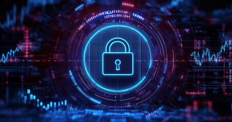 Obraz premium Glowing digital padlock icon surrounded by circular futuristic data patterns and graphs symbolizing cybersecurity and data protection