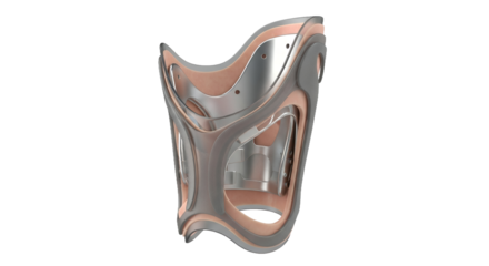 Futuristic Metallic Brace with Intricate Cutout Design on Transparent Background Showcasing Industrial Design and Modern Engineering in a Close Up Perspective