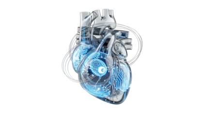 Futuristic Metallic Heart with Glowing Blue Circuits on White Background Showing Advanced Technology and Medical Innovation in Detailed 3D Rendering for Cardiology and Health Concepts