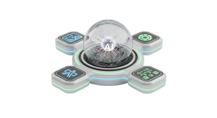 Futuristic White and Gray Device with Glowing Sphere and Digital Interfaces on Neutral Background Featuring Advanced Tech and Electronic Components with Modern Design