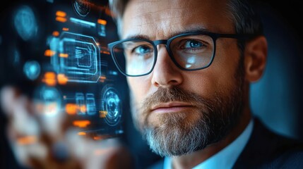 Focused man with glasses interacting with futuristic digital holographic interface glowing with blue and orange technological elements