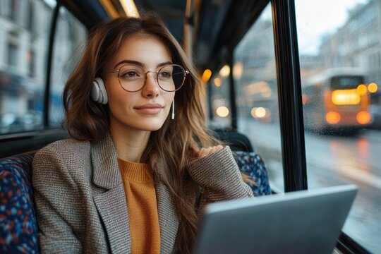 Young woman with glasses and headphones sitting by a window on public transportation looking thoughtfully outside while using a laptop on a rainy day - Powered by Adobe