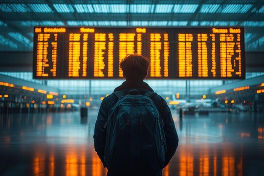 Person with backpack standing alone in a large modern train station looking at a bright electronic departure board displaying train schedules, evoking anticipation and travel planning