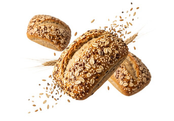 Whole grain bread rolls with oats and seeds isolated on a transparent background image