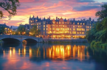 Naklejka premium Elegant historic building illuminated at sunset beside a calm river with a stone bridge and vibrant sky colors reflecting on water