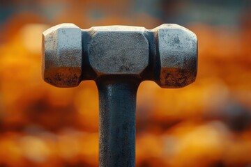 Close-up of a heavy metal sledgehammer head with a worn texture against a blurred warm-toned background evoking strength and industrial toughness