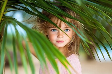 young girl with blue eyes and light brown hair peeking through green palm leaves with a subtle smile in a tropical outdoor setting