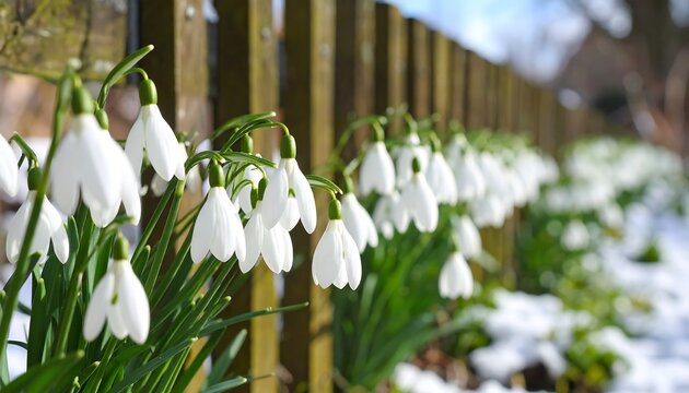 Snowdrops blooming beside a rustic fence - Powered by Adobe