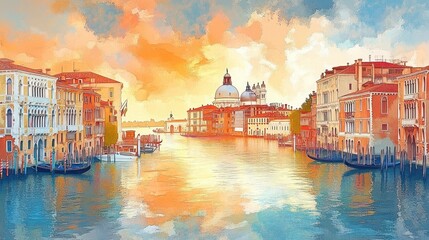 Colorful waterfront cityscape with historic buildings along canal waters during a vibrant sunset under a partly cloudy sky