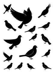 Fototapeta premium Bird dove silhouette shape set. Modern trendy abstract fowl sparrow, dove pigeon figure illustration. Cute various simple contour birds songbird collection. Drawing engraved press graphic elements
