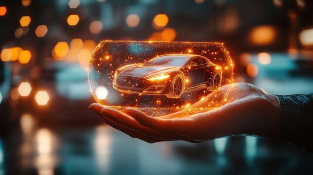 Hand holding a glowing holographic projection of a futuristic sports car in a blurred urban night setting with warm bokeh lights