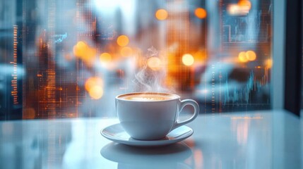 steaming cup of coffee on saucer placed on table with blurred city lights and digital stock market charts in background evoking a modern urban vibe