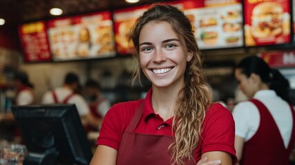 A smiling young woman in a red uniform and apron stands in a restaurant, arms crossed, looking directly at the viewer - Powered by Adobe