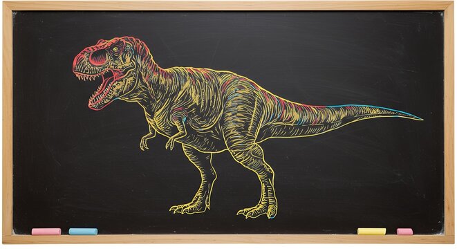 Detailed illustration of a tyrannosaurus rex on a dark background with chalk like texture