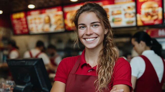 A smiling young woman in a red uniform and apron stands in a restaurant, arms crossed, looking directly at the viewer