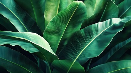 Close-up of large, lush green tropical leaves with vibrant textures and overlapping layers creating a calming natural scene