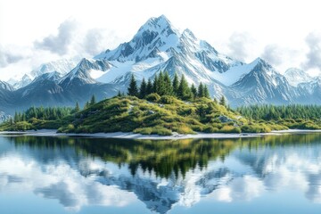 Snow-covered mountain range reflected in calm lake with green forested island in the foreground under cloudy sky