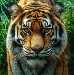 Fototapeta premium Close-up of a majestic tiger with intense amber eyes staring directly ahead surrounded by green foliage