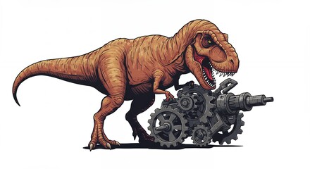 Dinosaur tyrannosaurus rex with mechanical gears illustration against white background