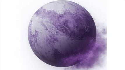 A large textured purple planet emitting a swirling purple nebula or cosmic dust against a white background, evoking mystery and cosmic wonder
