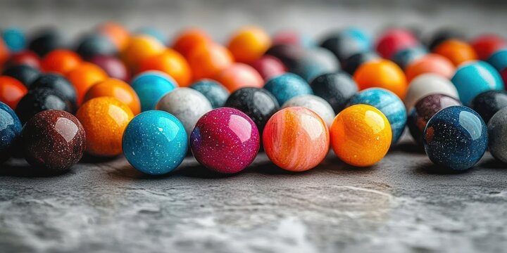 A collection of colorful glossy marbles with various patterns lined up on a gray textured surface creating a vibrant and playful scene