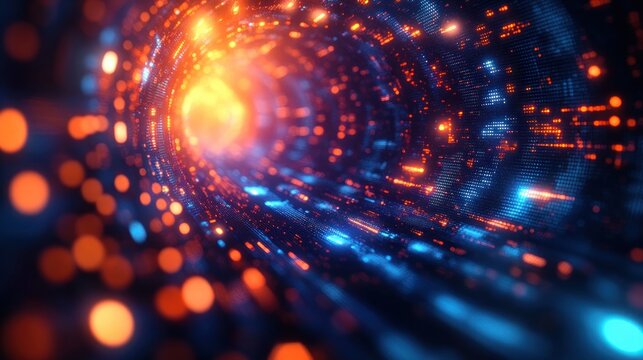 Glowing digital tunnel with vibrant blue and orange light patterns creating a sense of motion and depth in a futuristic abstract space