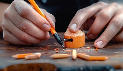 Close-up of hands sharpening an orange pencil on a wooden surface with pencil shavings scattered around, showing detailed texture and focus