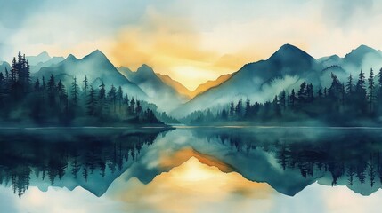 serene mountain landscape at sunrise with calm reflective lake and silhouette pine trees creating peaceful atmosphere
