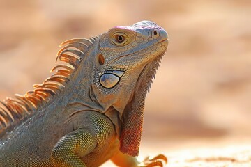 Fototapeta premium close-up of an iguana with textured scales and spiked crest basking in warm sunlight on a blurred background