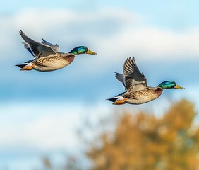 Obraz premium Two mallard ducks in flight over blurred autumn foliage with blue sky and clouds background expressing freedom and motion