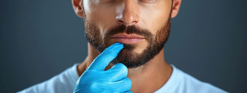 Close-up of a man with a beard touching his lips thoughtfully wearing a blue medical glove against a dark background