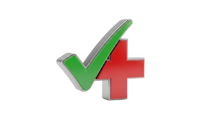 Green Check Mark and Red Plus Symbol in 3D Rendering on Transparent Background for Medical or Approval Concepts
