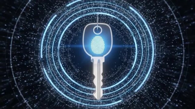 Digital Key with Fingerprint Scan and Futuristic Data Tunnel