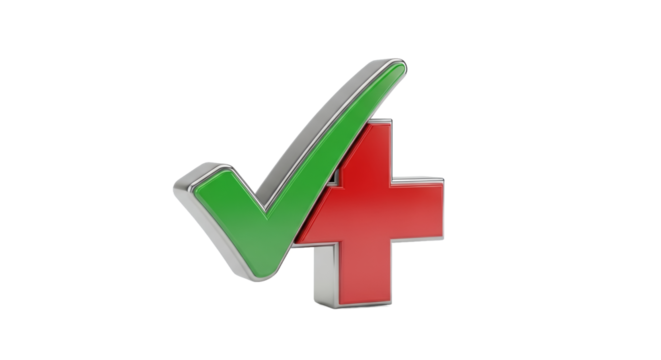 Green Check Mark and Red Plus Symbol in 3D Rendering on Transparent Background for Medical or Approval Concepts