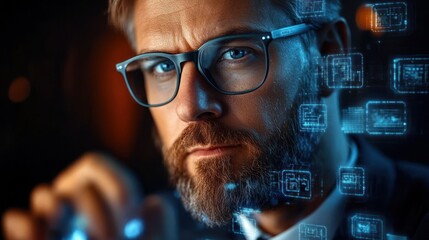 Serious man with glasses focusing intently on digital holographic interface with blue glowing data icons in dark environment