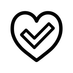 Heart outline with checkmark inside in black and white, concept for approval validation, acceptance confirmation and positive endorsement