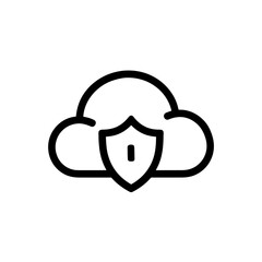 Outlined icon of a cloud with a shield in front suggesting protection and security, concept for data privacy, cybersecurity solutions and secure cloud storage