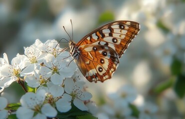Obraz premium Close-up of an orange and white patterned butterfly perched on white blossoms with a soft blurred background