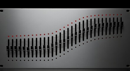 Obraz premium Close-up of a Silver Audio Equalizer with Sliders and Red Indicator Lights