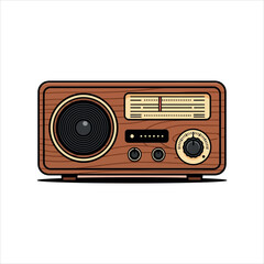 Fototapeta premium Vintage wooden radio with black speaker and tuning dial on white background vintage radio retro radio