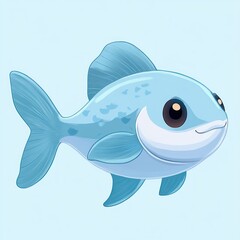 Obraz premium Cute cartoon light blue fish with big eyes and a happy expression swimming against a soft blue background