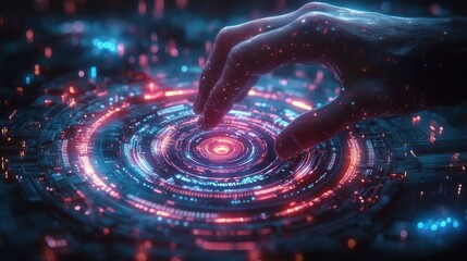 Human hand interacting with a glowing futuristic digital interface with vibrant neon circular patterns in blue and red lights creating a high-tech atmosphere