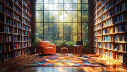 sunlit cozy library interior with colorful rug, orange armchair, wooden table, laptop, and large window revealing green leafy trees