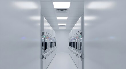 Symmetrical Interior of a Modern Server Room with White Walls and Bright Lighting