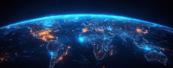 Obraz premium View of Earth from space at night showing illuminated city lights across continents including Americas, Europe, Africa, Asia, and Australia under a starry sky