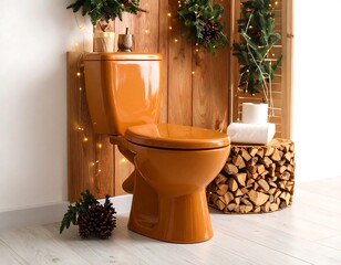 Orange toilet in rustic Christmas setting